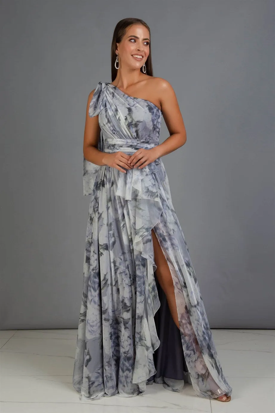 Angelino indigo impirming one arm slit long evening dress dress