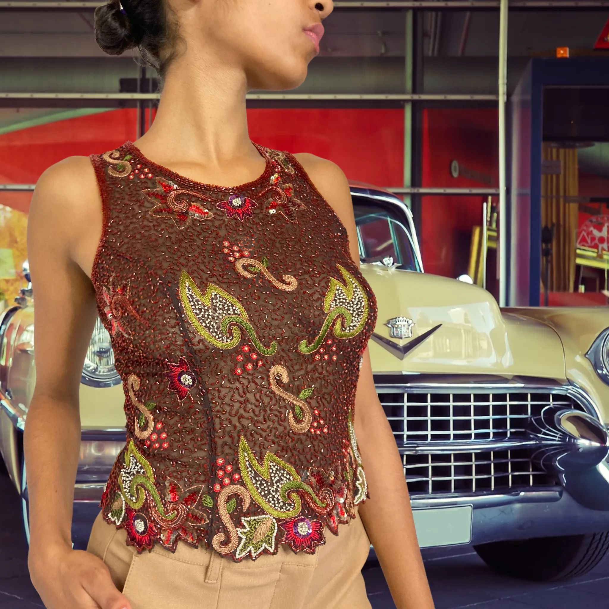 Beaded Silk Georgette Zip Bodice Blouse Vintage sz. M