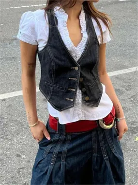 binfenxie Women Y2K Aesthetic Denim Vest Coat Sleeveless V Neck Button Down Crop Top Summer 2000s Gothic Grunge Kawaii Tank Top Streetwear
