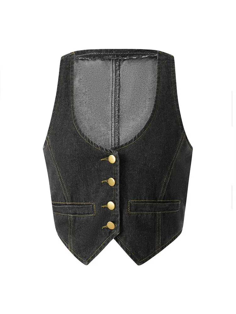 binfenxie Women Y2K Aesthetic Denim Vest Coat Sleeveless V Neck Button Down Crop Top Summer 2000s Gothic Grunge Kawaii Tank Top Streetwear