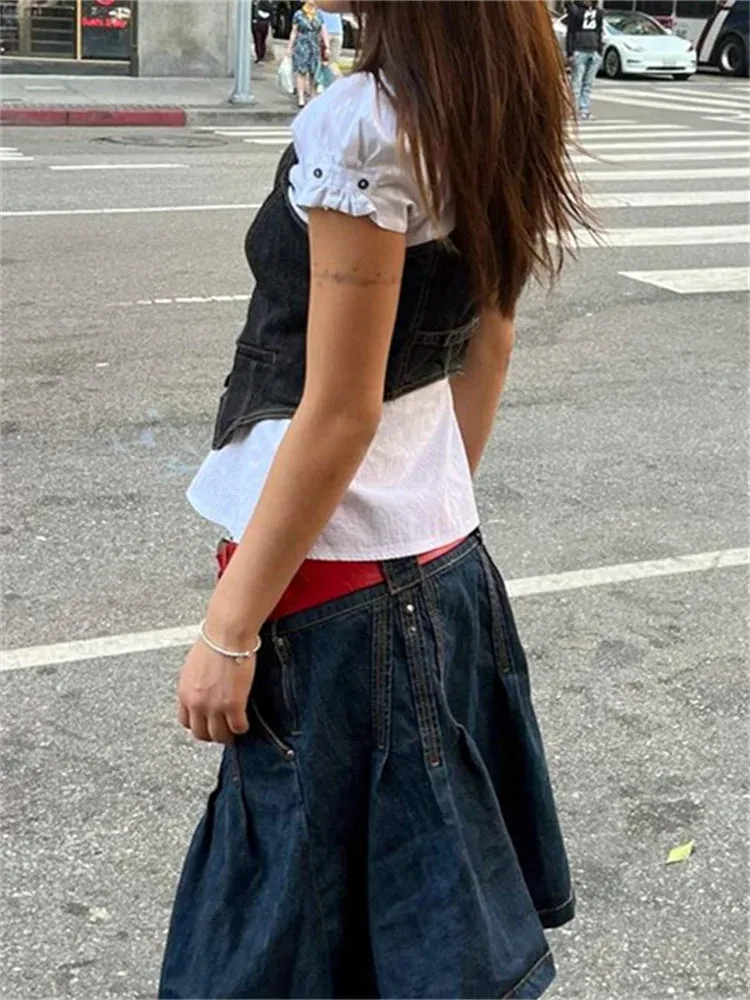 binfenxie Women Y2K Aesthetic Denim Vest Coat Sleeveless V Neck Button Down Crop Top Summer 2000s Gothic Grunge Kawaii Tank Top Streetwear
