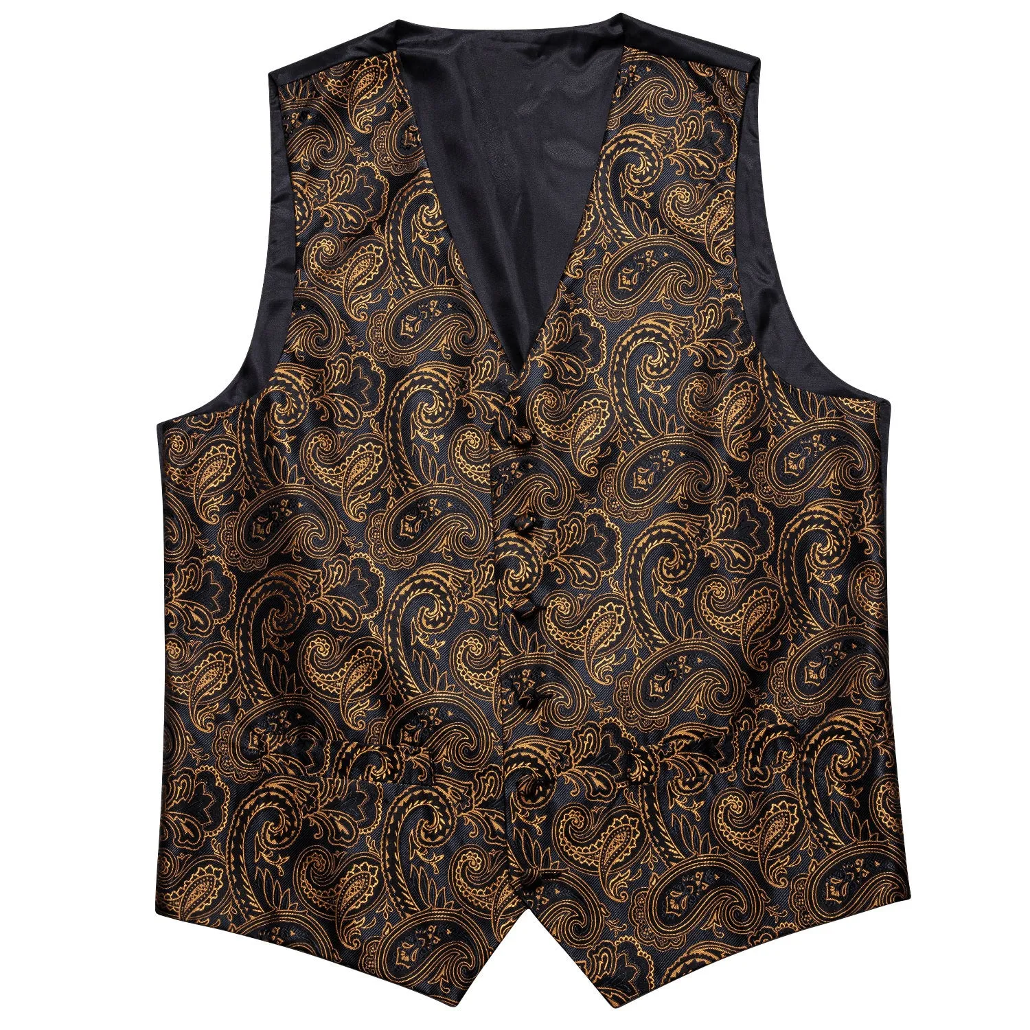 Black Golden Paisley Silk Men's Vest Tie Hanky Cufflinks Set Waistcoat Suit Set