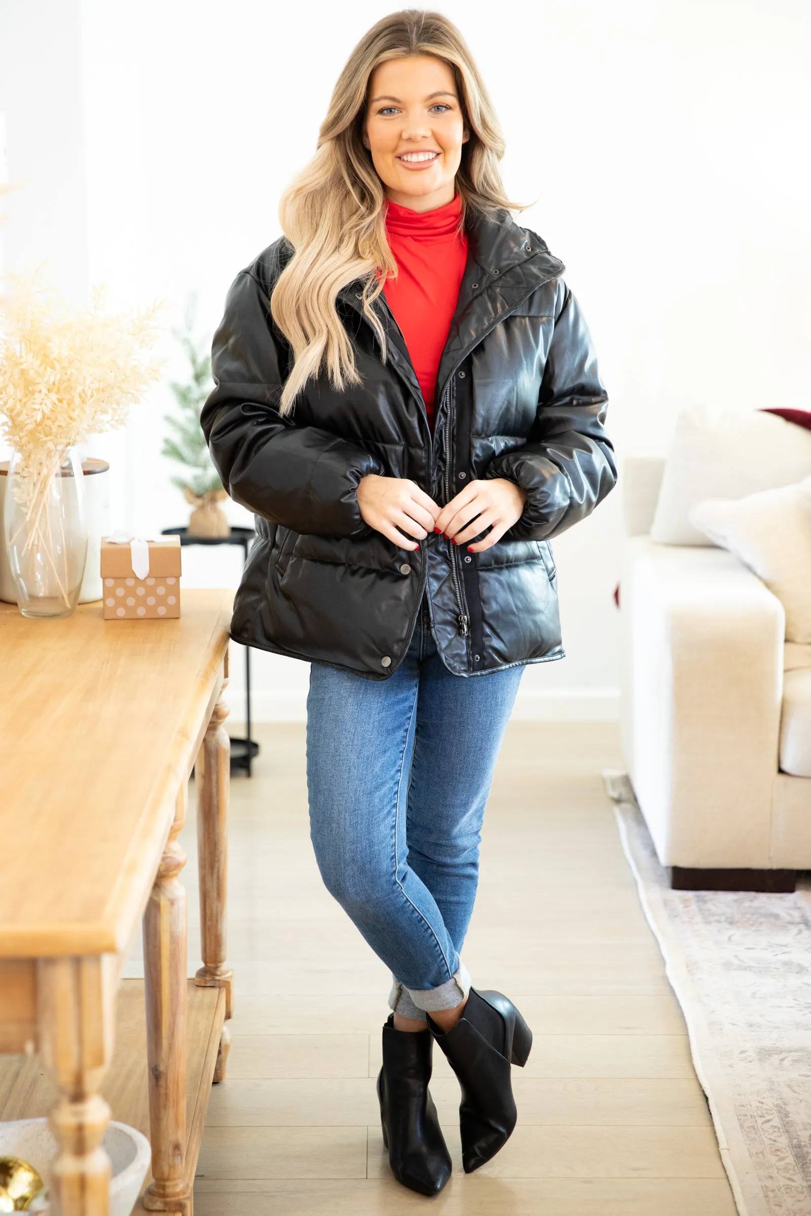 Black Vegan Leather Puffer Jacket