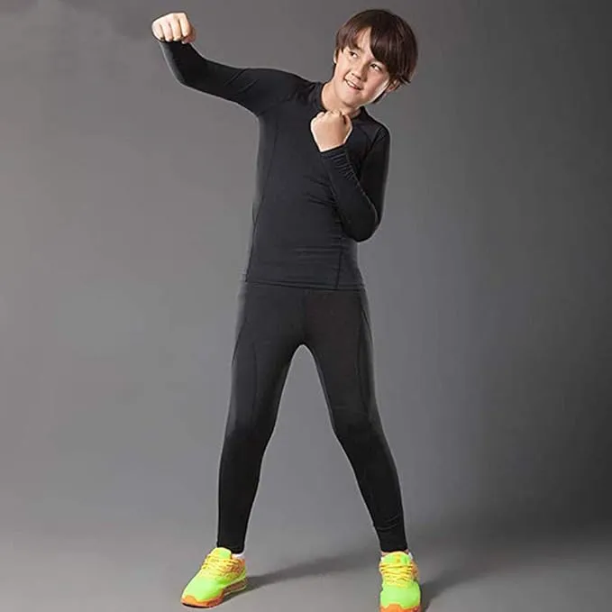 BUYKUD Kids' Boys Long Sleeve Base Layer Compression Underwear Athletic Shirt Tights Top & Bottom Set