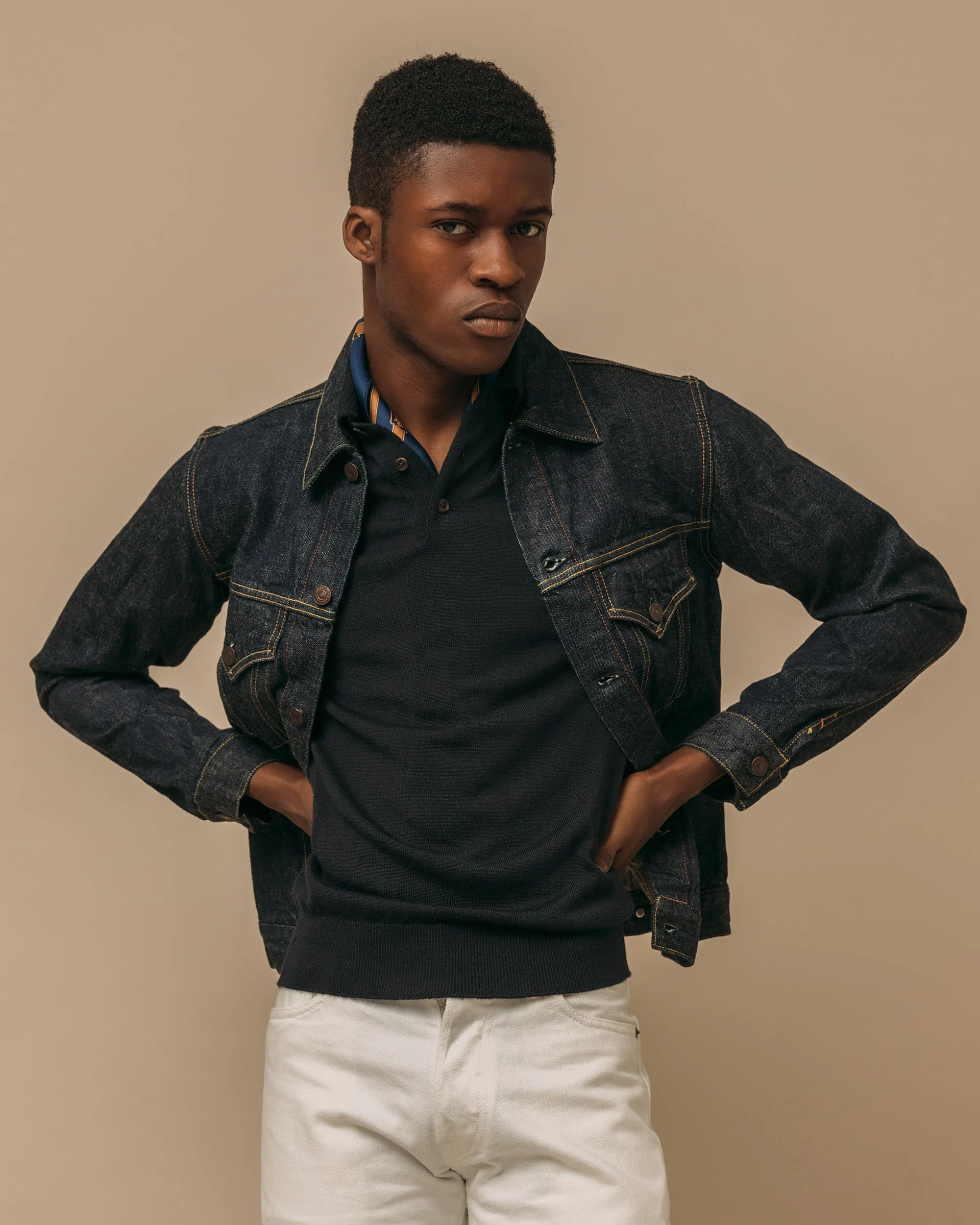 Cashmere silk tennis polo in navy