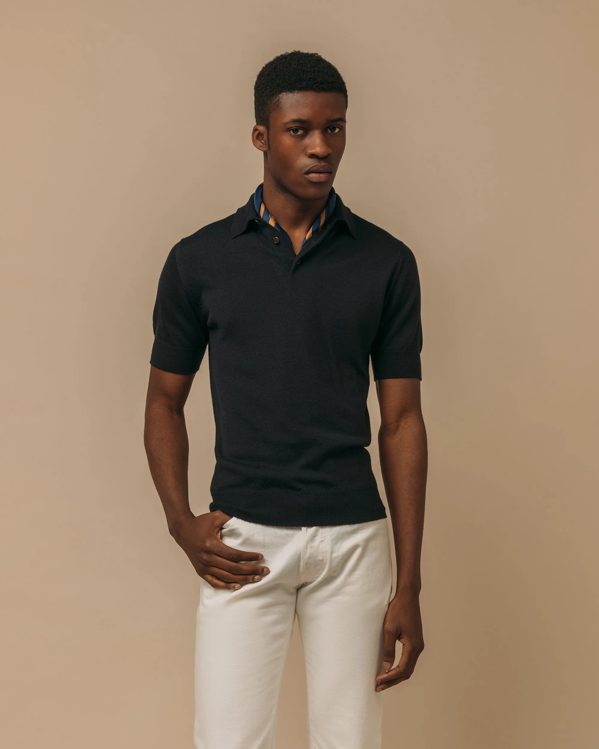 Cashmere silk tennis polo in navy