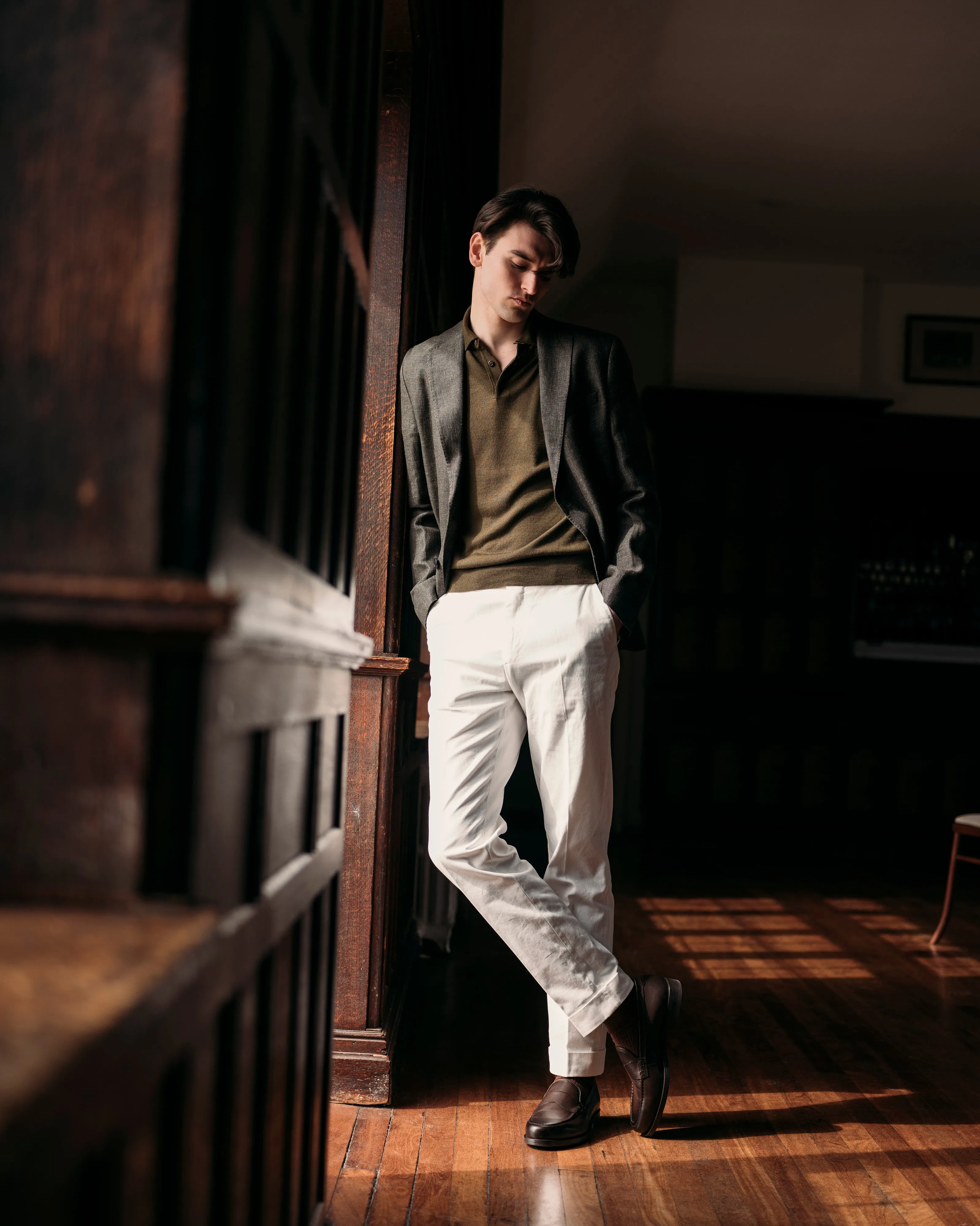 Cashmere silk tennis polo in olive