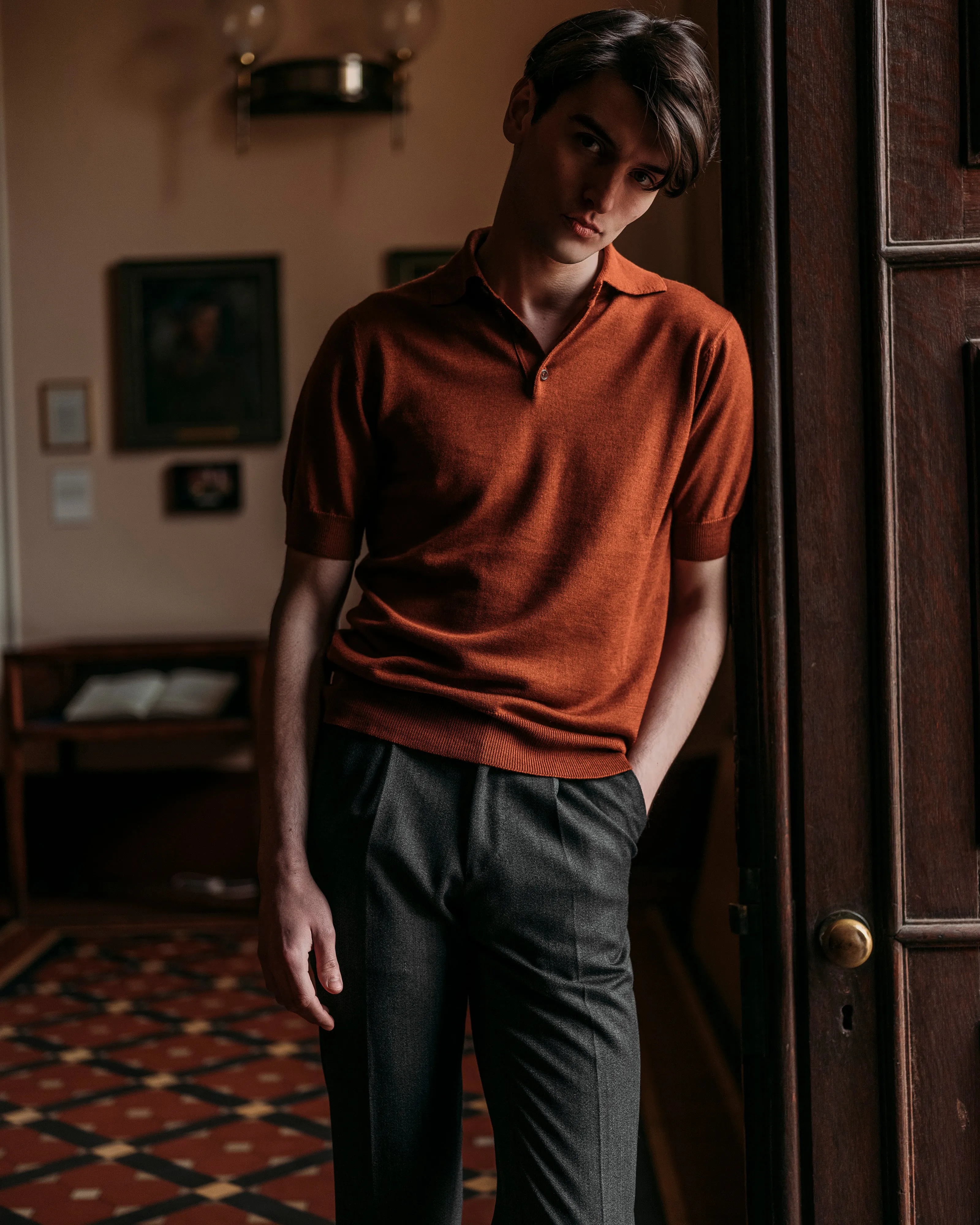 Cashmere silk tennis polo in terracotta