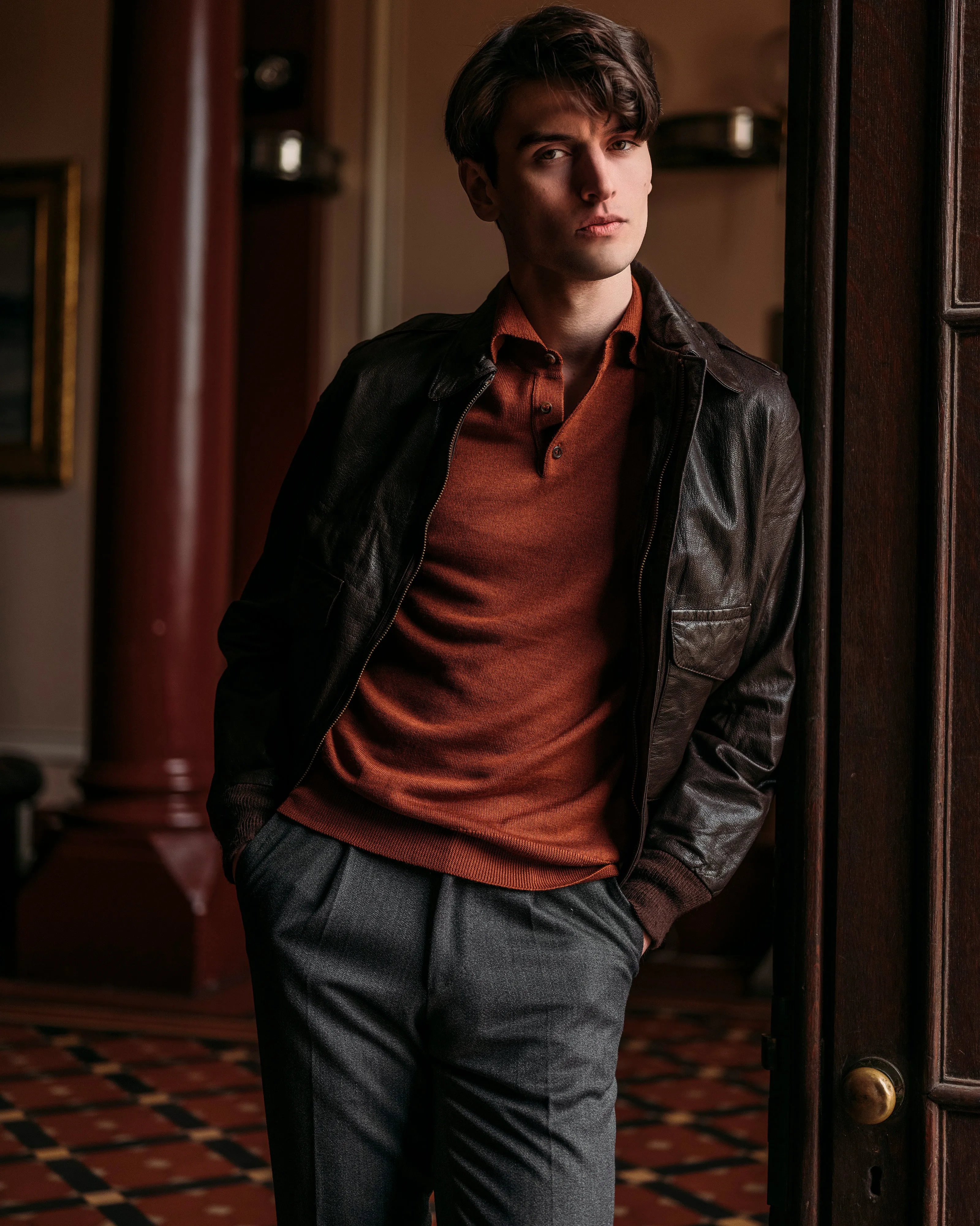 Cashmere silk tennis polo in terracotta