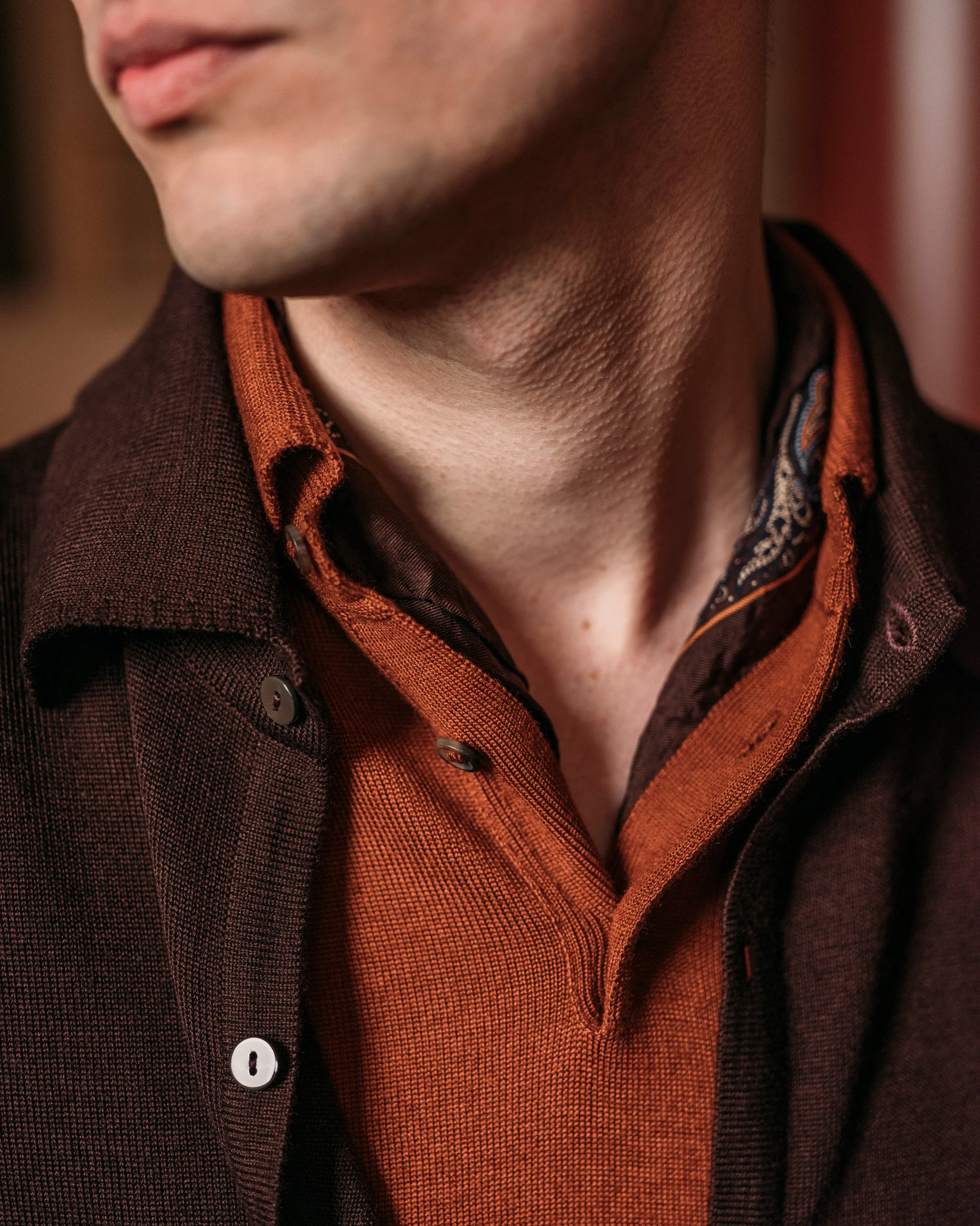 Cashmere silk tennis polo in terracotta