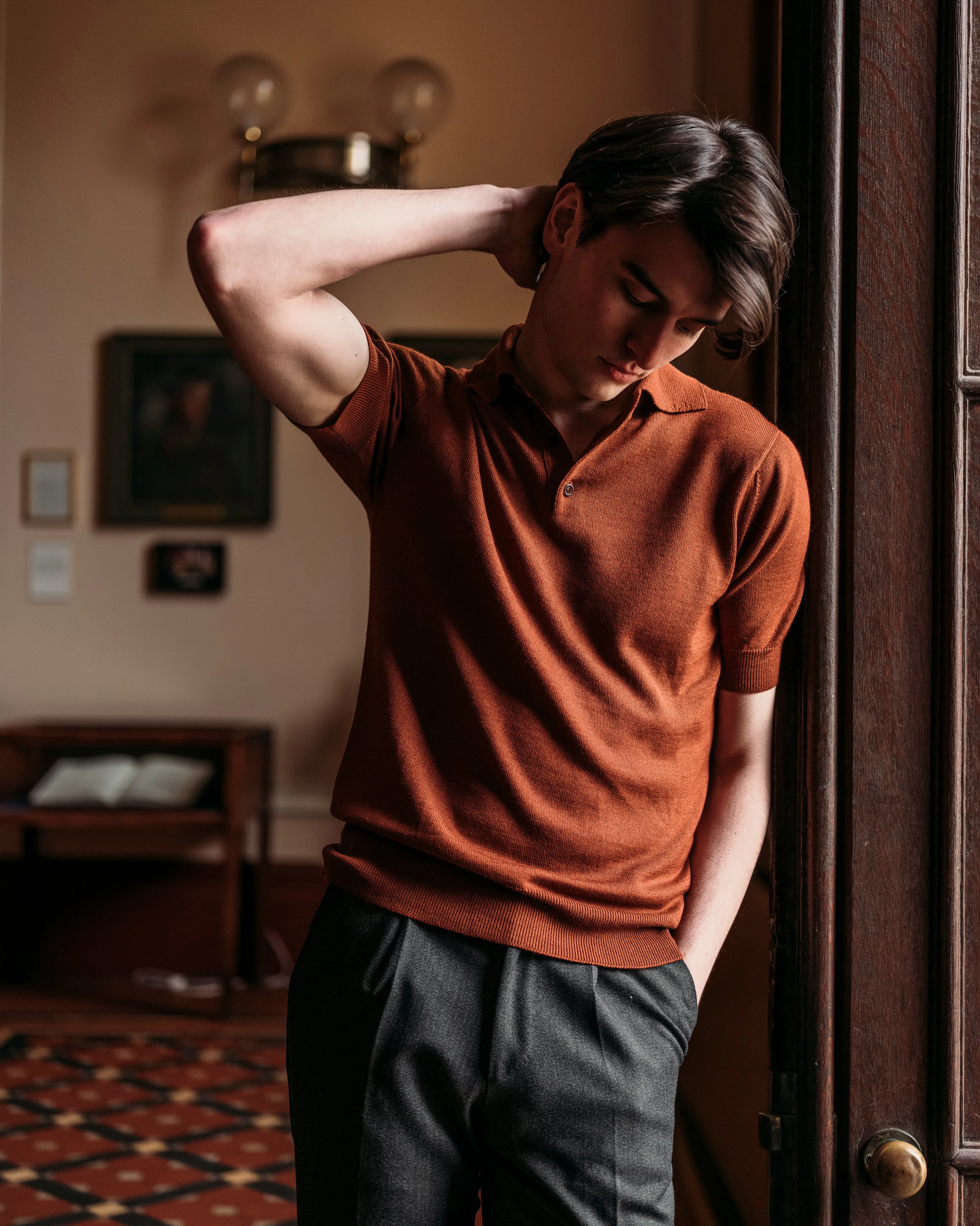 Cashmere silk tennis polo in terracotta