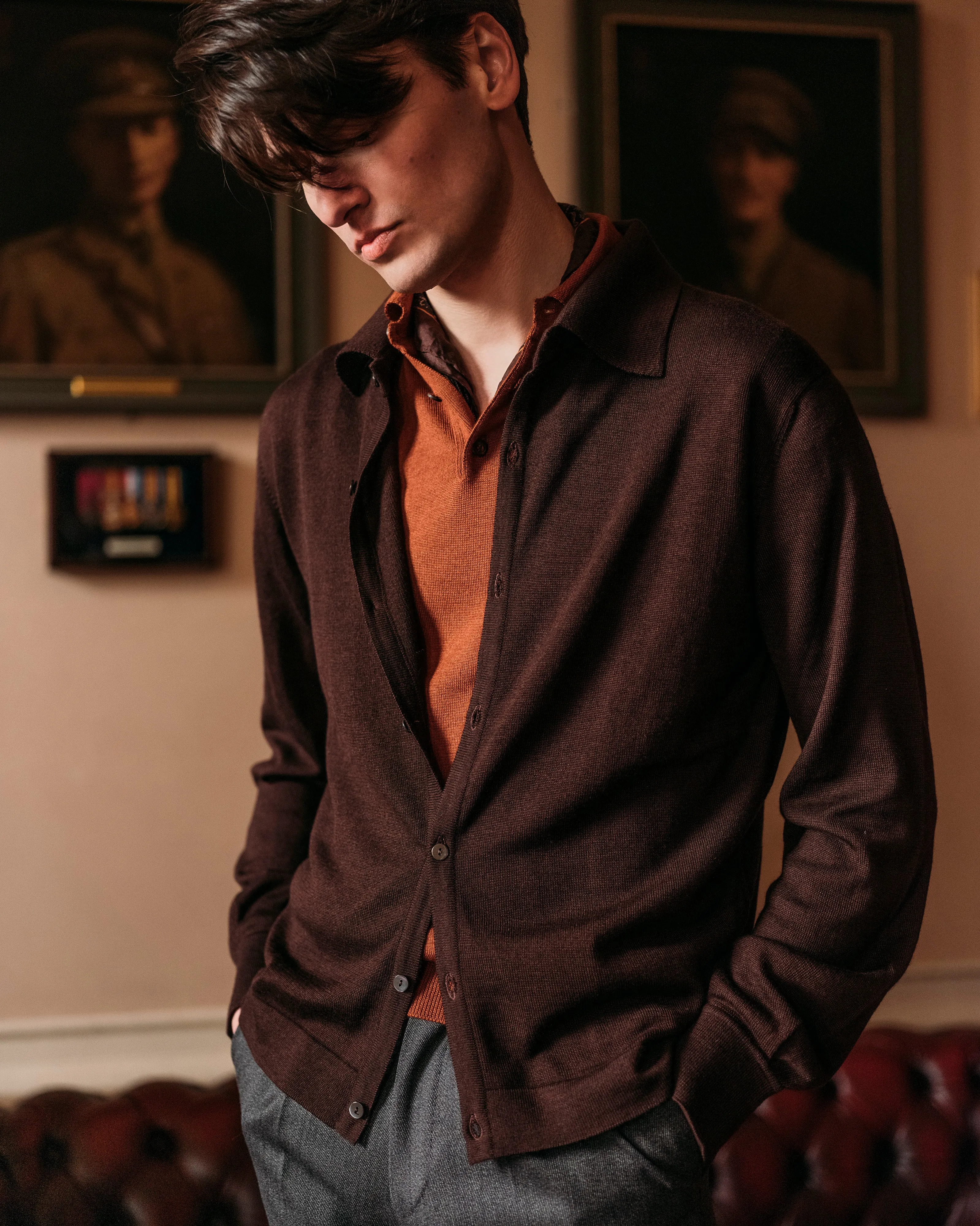 Cashmere silk tennis polo in terracotta