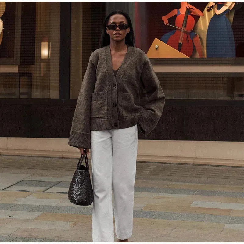 Chic Chrissy V-neck Warm Thick Cardigan Sweater with pockets and buttons