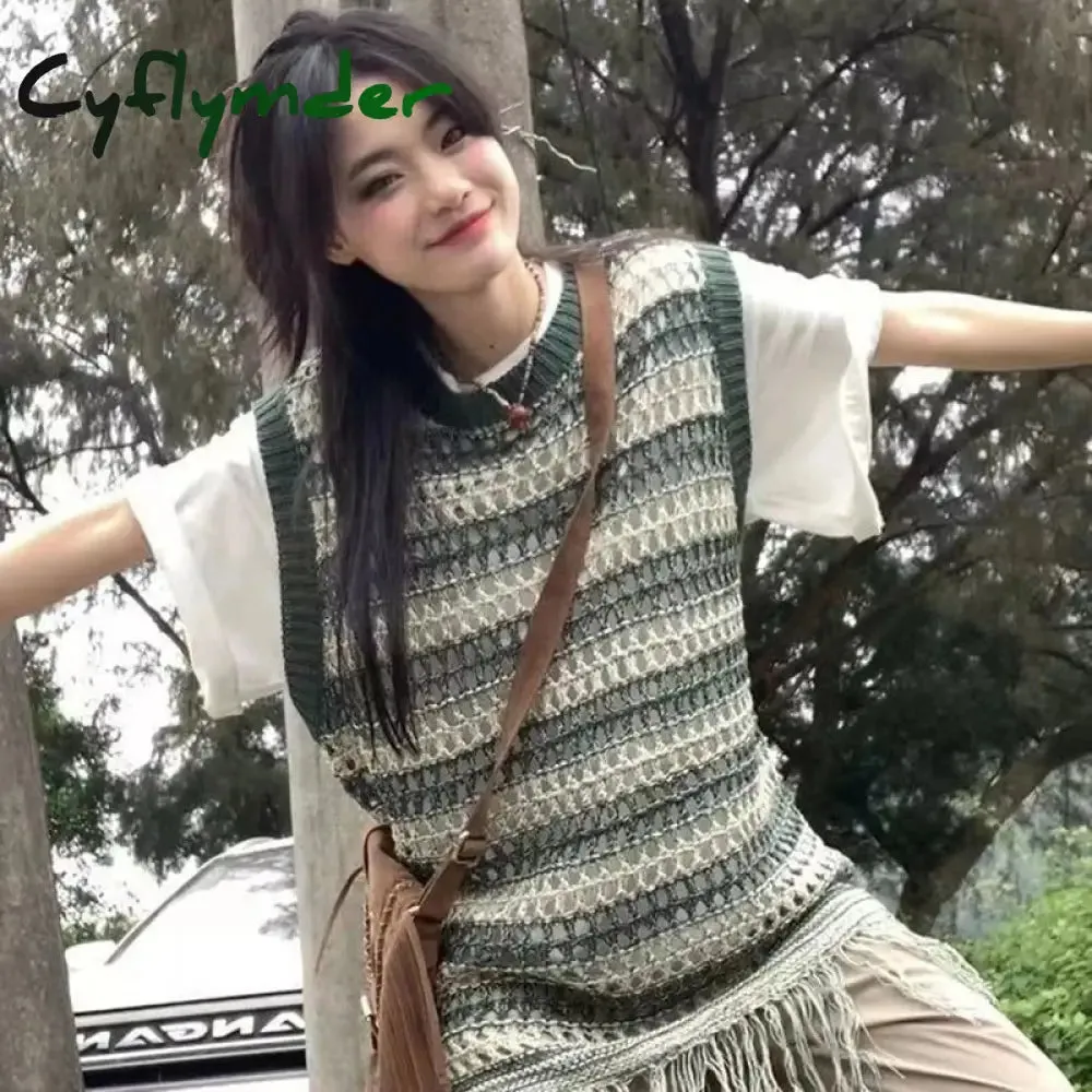 Cyflymder Sleeveless Knitted Vest Women Striped Hollow Out Tassel Sweaters Vintage Harajuku Casual Outwear Korean Loose Jumpers Coat