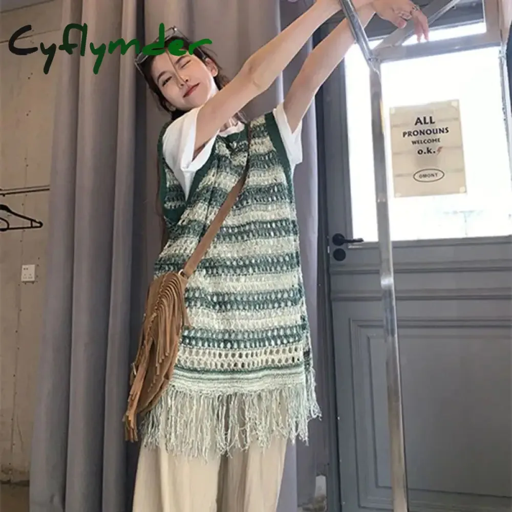Cyflymder Sleeveless Knitted Vest Women Striped Hollow Out Tassel Sweaters Vintage Harajuku Casual Outwear Korean Loose Jumpers Coat