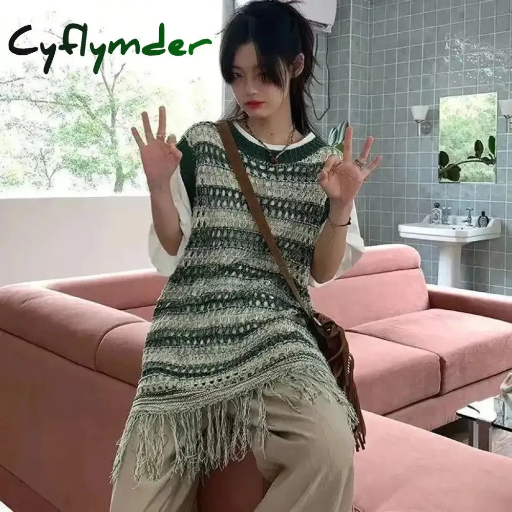 Cyflymder Sleeveless Knitted Vest Women Striped Hollow Out Tassel Sweaters Vintage Harajuku Casual Outwear Korean Loose Jumpers Coat