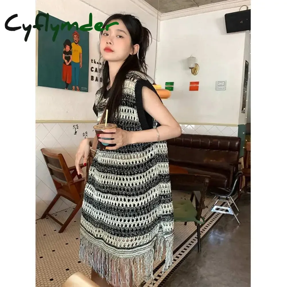 Cyflymder Sleeveless Knitted Vest Women Striped Hollow Out Tassel Sweaters Vintage Harajuku Casual Outwear Korean Loose Jumpers Coat