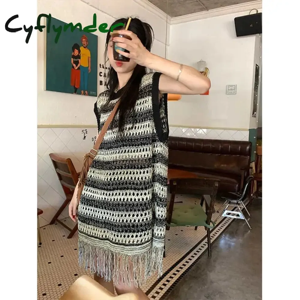 Cyflymder Sleeveless Knitted Vest Women Striped Hollow Out Tassel Sweaters Vintage Harajuku Casual Outwear Korean Loose Jumpers Coat