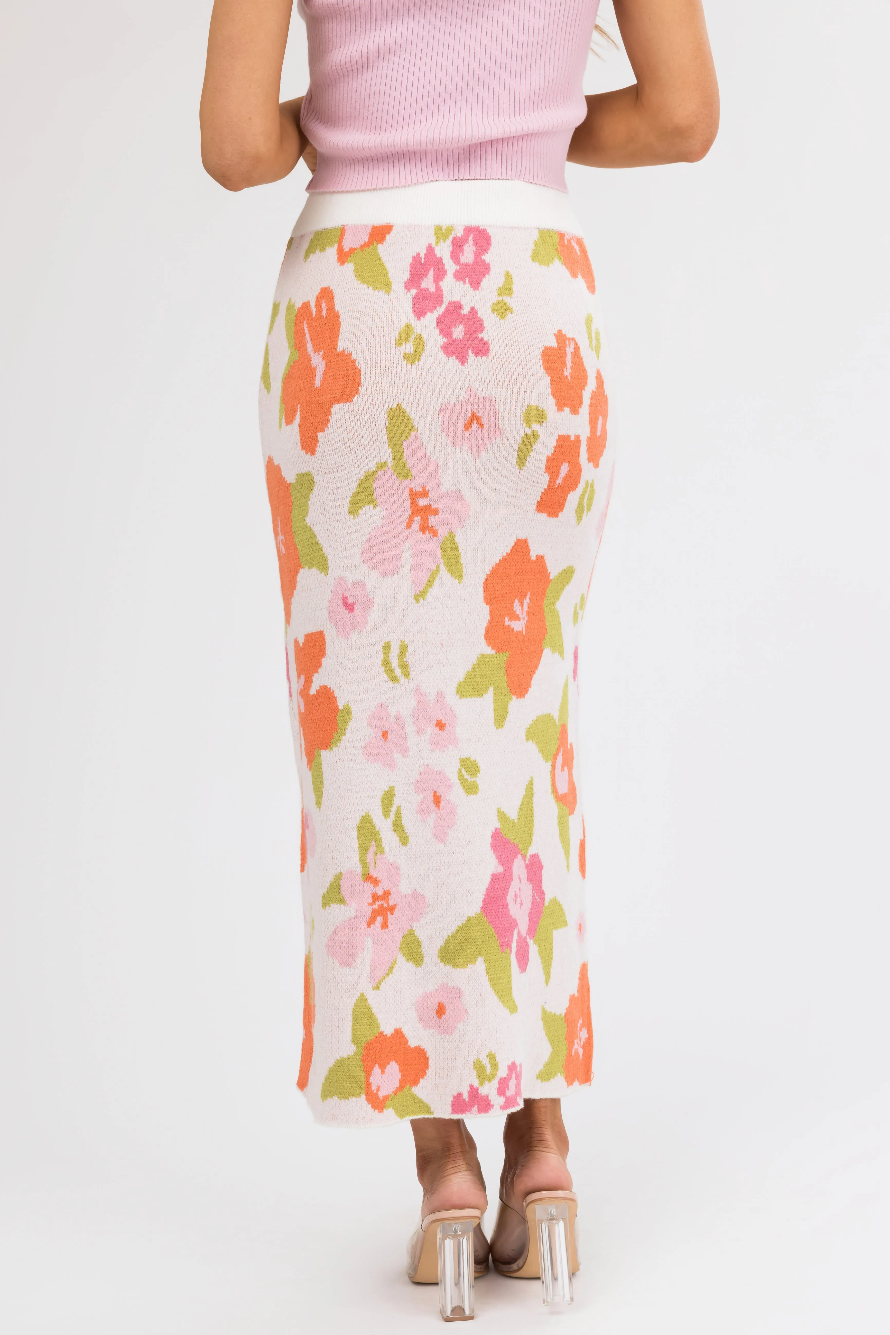 Dusty Blush Floral Print Knit Midi Skirt