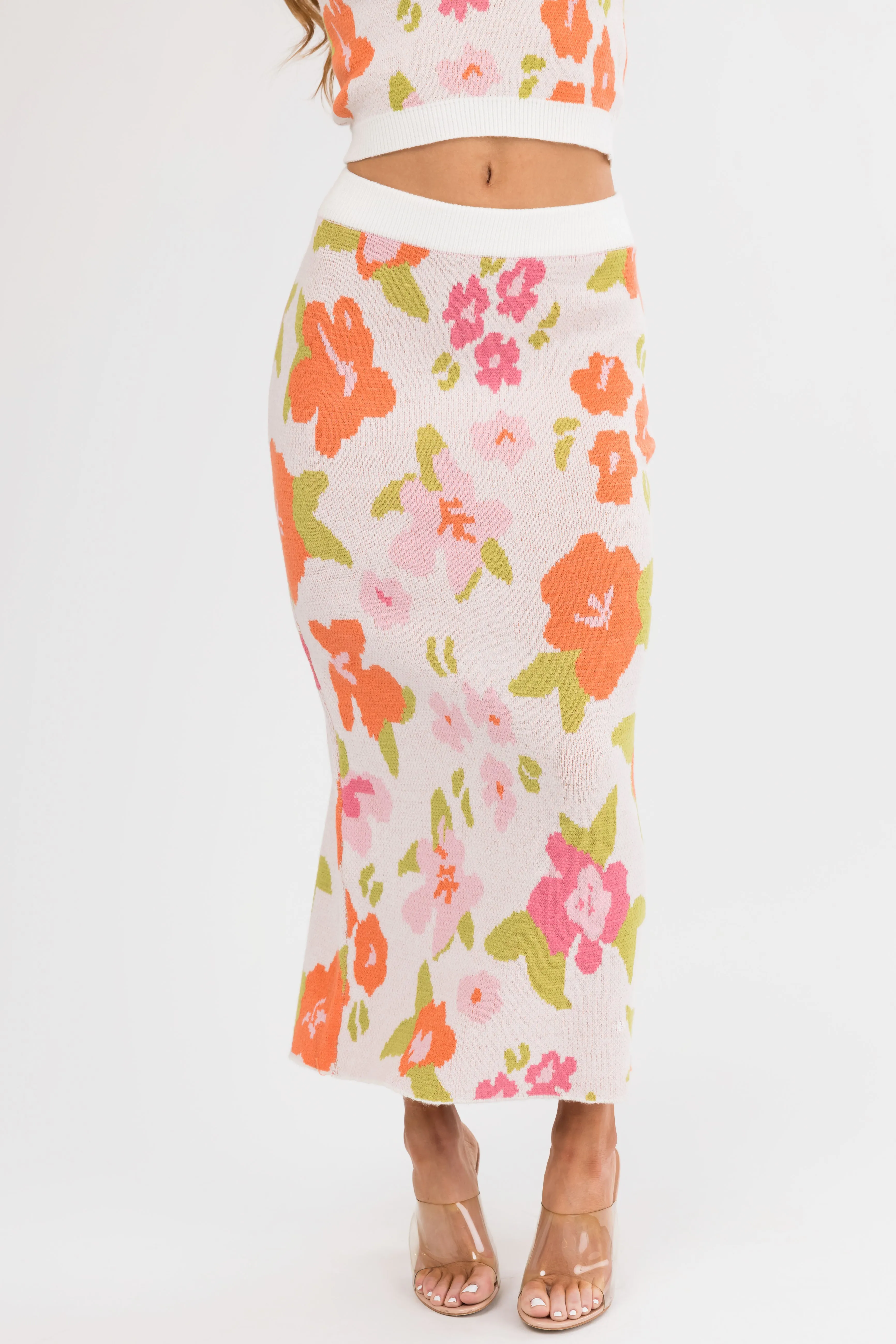 Dusty Blush Floral Print Knit Midi Skirt