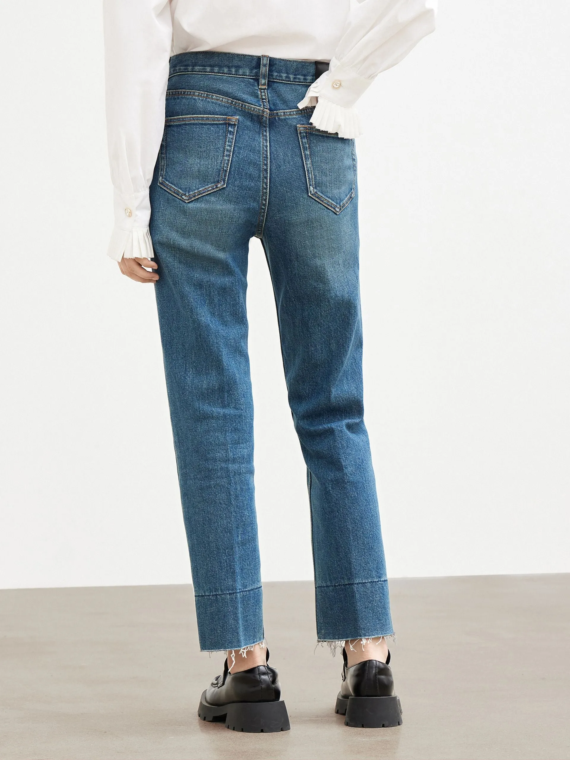 Frayed Straight Cotton Jeans