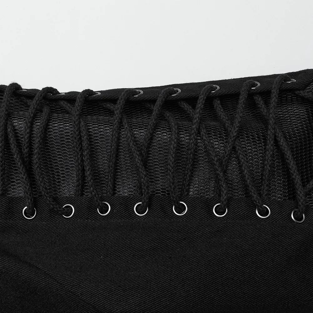 Gothic Long Coat with X-Buckles and Mesh Accents