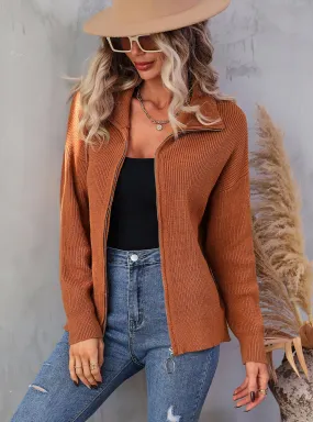 High Neck Solid Color Zipper Sweater Coat