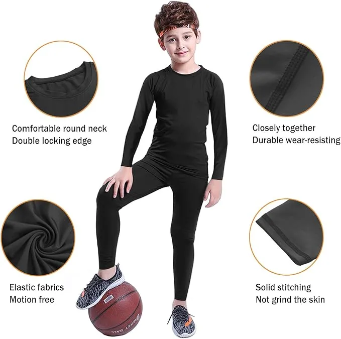 HOPLYNN Youth Boys' Compression Leggings Athletic Shirt Tights Top Base Layer Set Sports Youth for Kids
