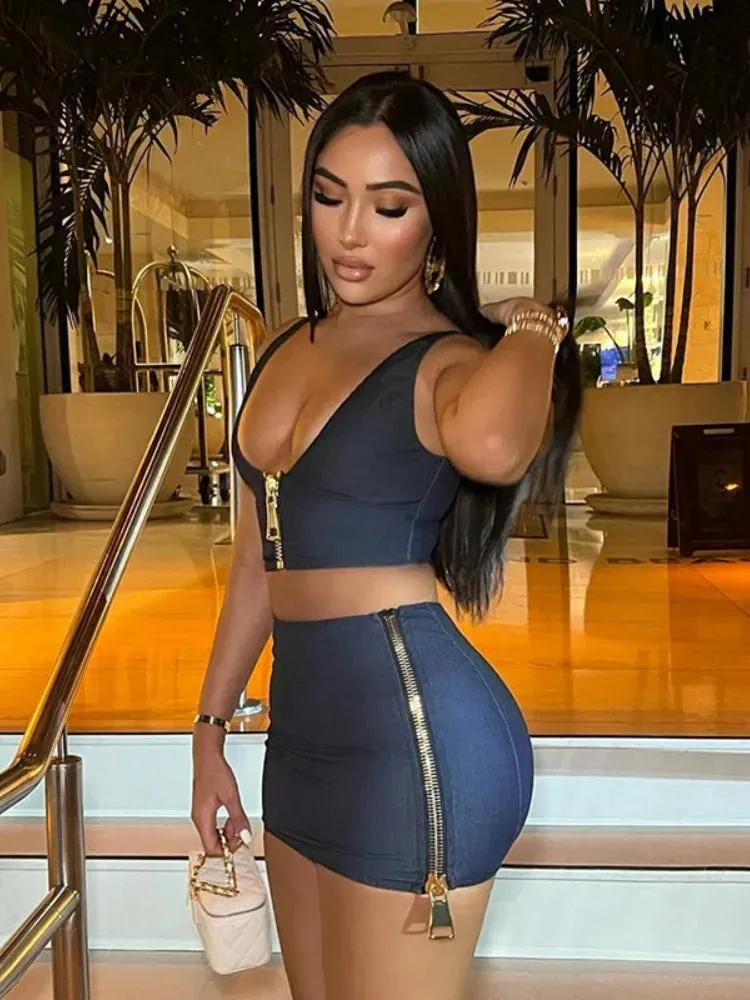 Joskaa Casual Blue Two Piece Set Women Zip-Up Low Cut Crop Tank Tops and Mini Hip Skirt Matching 2024 Spring Fitness Tracksuits