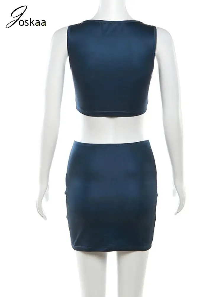 Joskaa Casual Blue Two Piece Set Women Zip-Up Low Cut Crop Tank Tops and Mini Hip Skirt Matching 2024 Spring Fitness Tracksuits