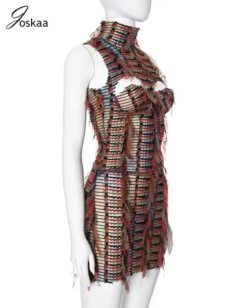 Joskaa Colorful Tassels 2 Piece Set Women Sexy Cutout Backless Tank Top and Mini Skirt Matched 2024 Summer Holiday Beach Outfits