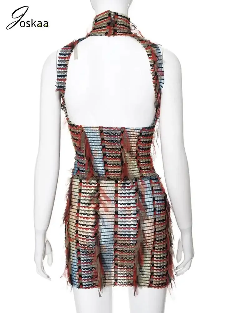 Joskaa Colorful Tassels 2 Piece Set Women Sexy Cutout Backless Tank Top and Mini Skirt Matched 2024 Summer Holiday Beach Outfits
