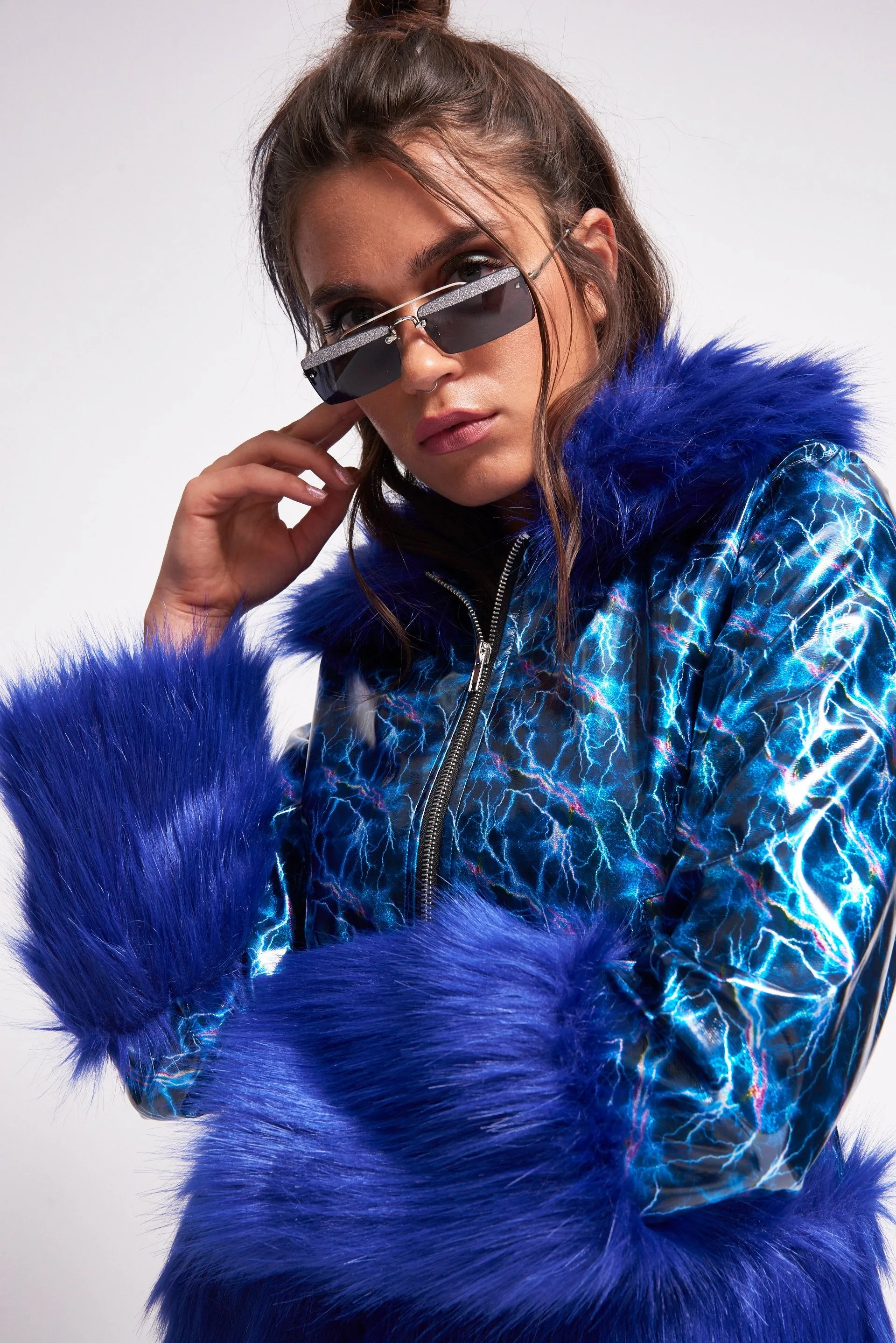 Lightning Print PU Coat with Faux Fur