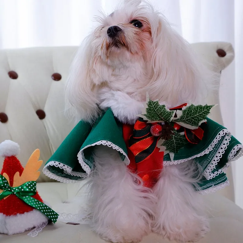 Luxury Italian Woolen Pet Dog Christmas Cape Jacket with faux fur collar and christmas ribbon decoration | Christmas dog clothes Costume
