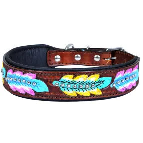 Medium Strong Genuine Leather Dog Collar Padded Brown Aztec Hilason