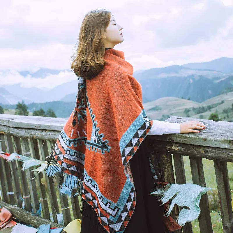 Oversized Autumn Ethnic Style Geometry Pattern Tassel Fringe Poncho Cape