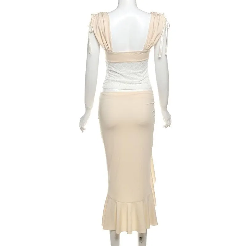 Ruffle ruched high slit hollow out ribbon cut out midi skirt set
