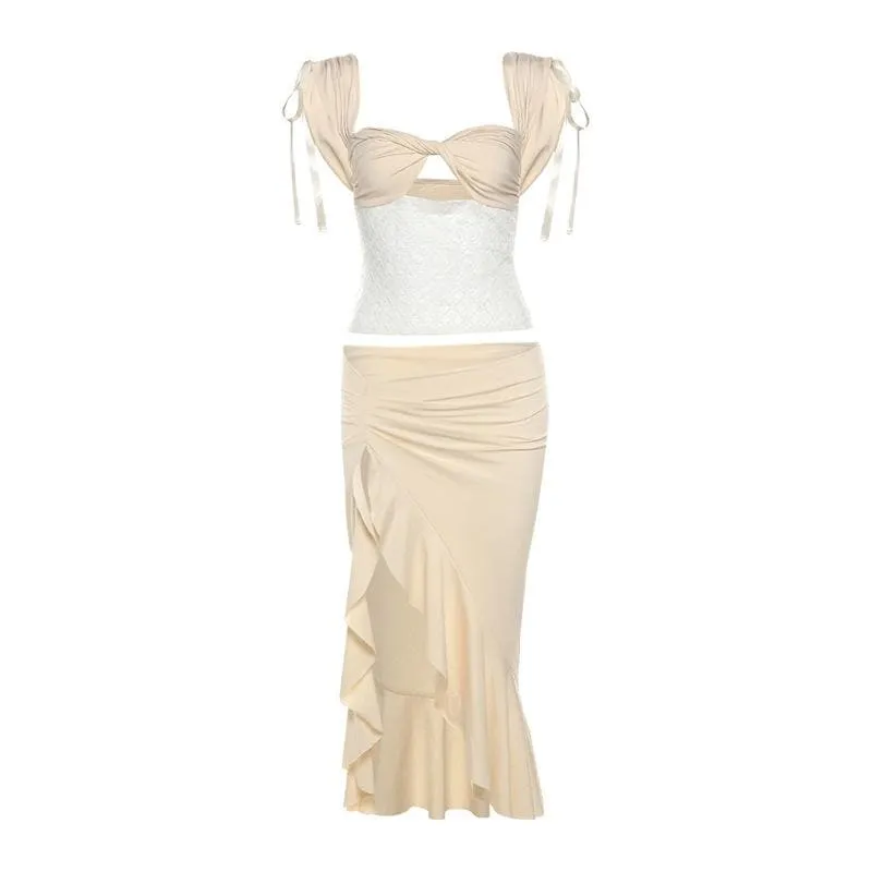 Ruffle ruched high slit hollow out ribbon cut out midi skirt set