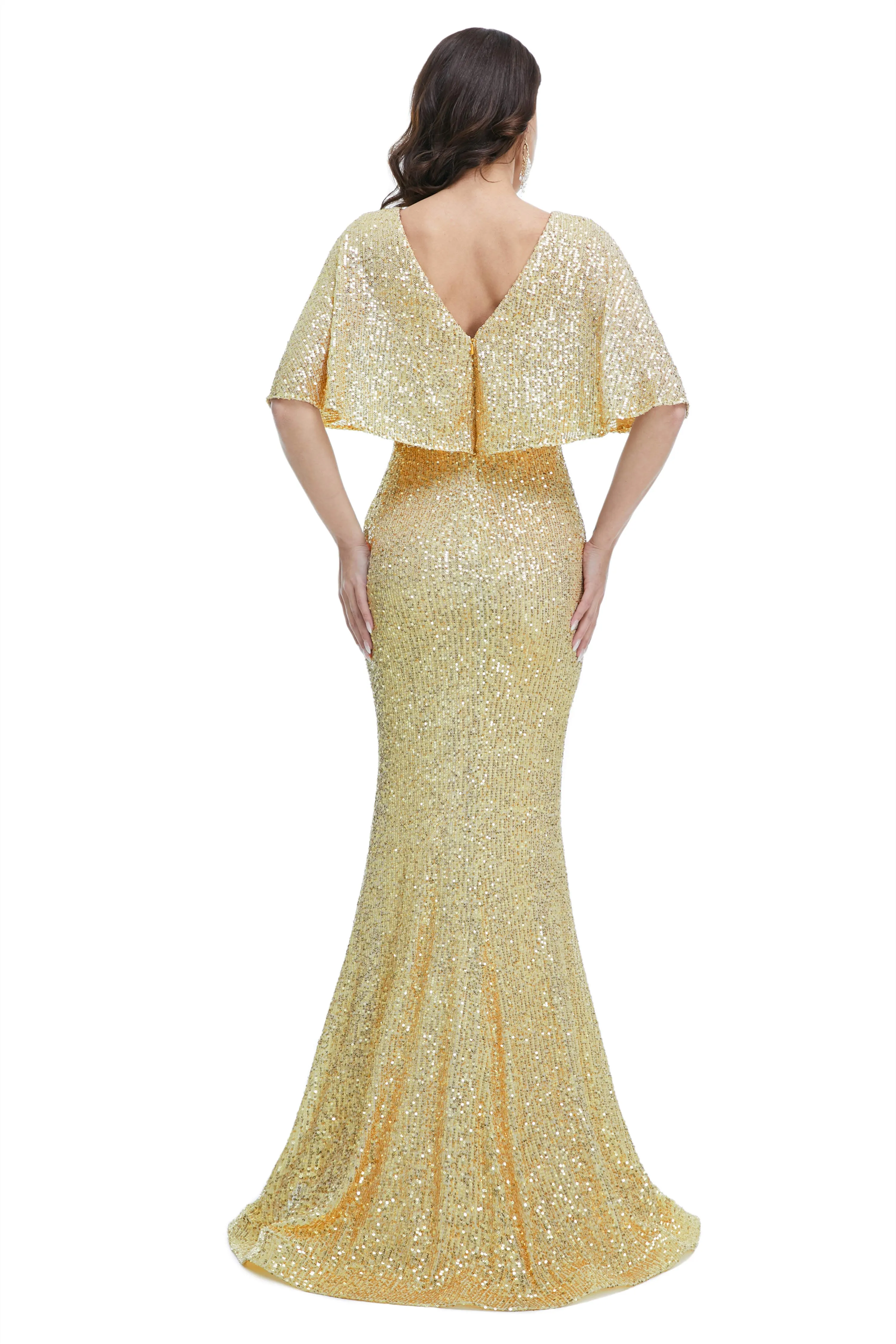 Sequins Mermaid Cape Sleeves V Neck Prom Dresses