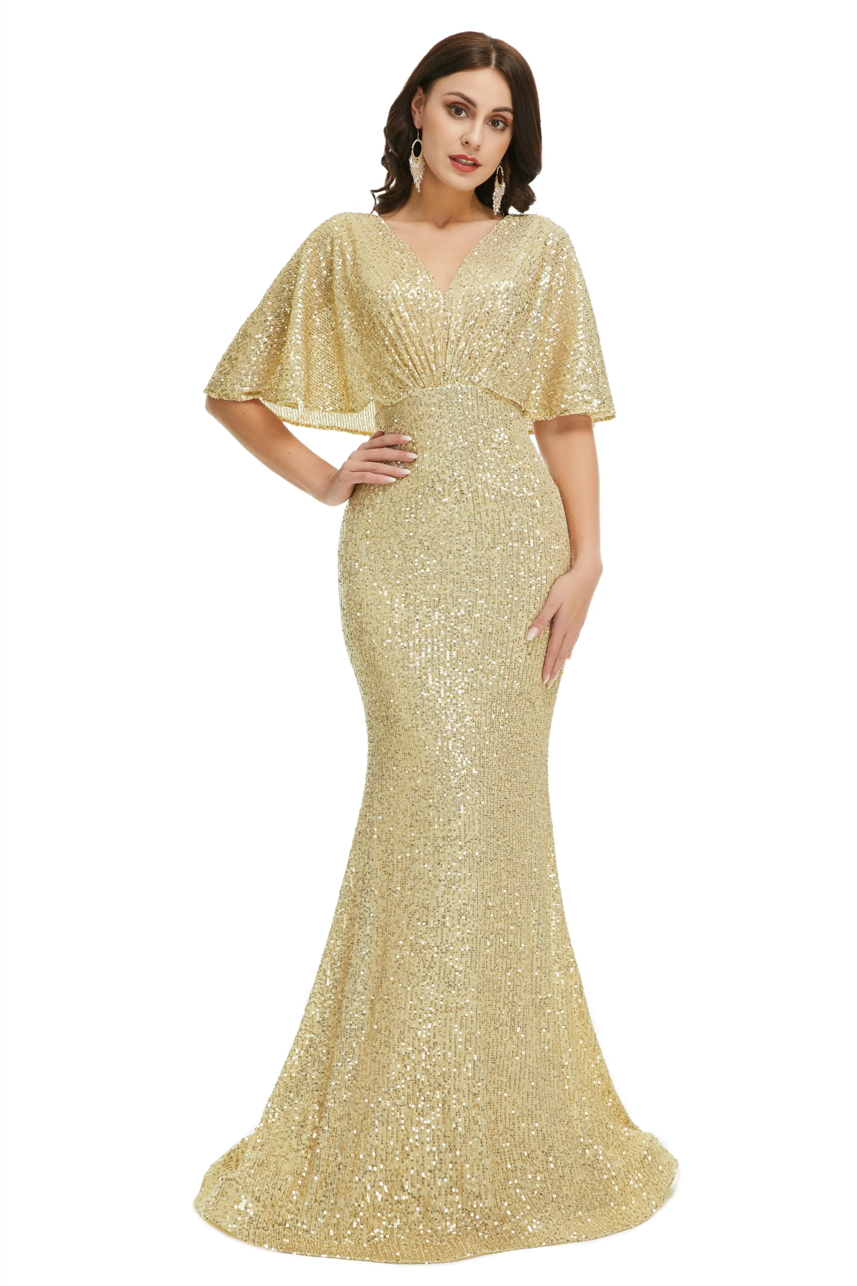 Sequins Mermaid Cape Sleeves V Neck Prom Dresses