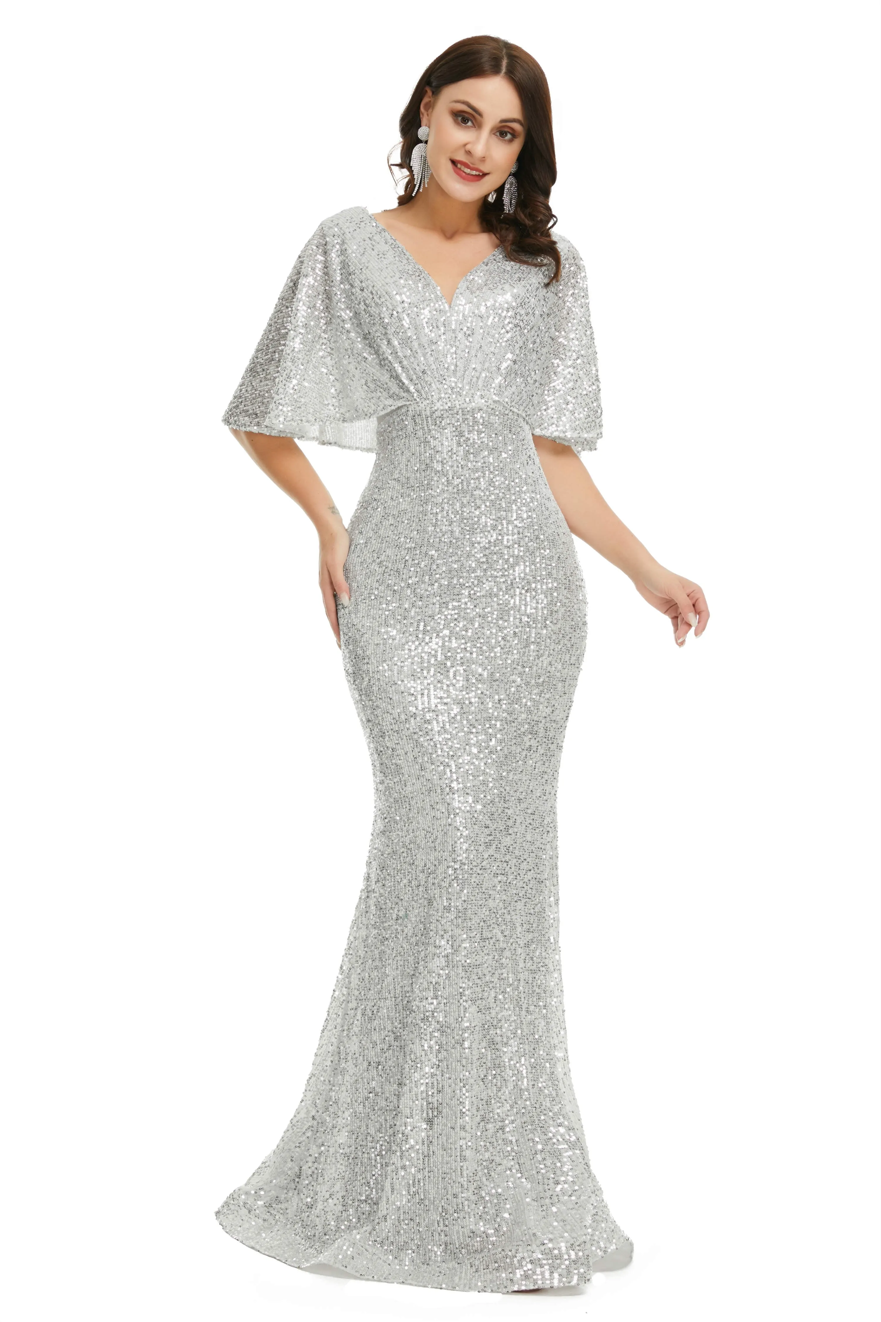 Sequins Mermaid Cape Sleeves V Neck Prom Dresses