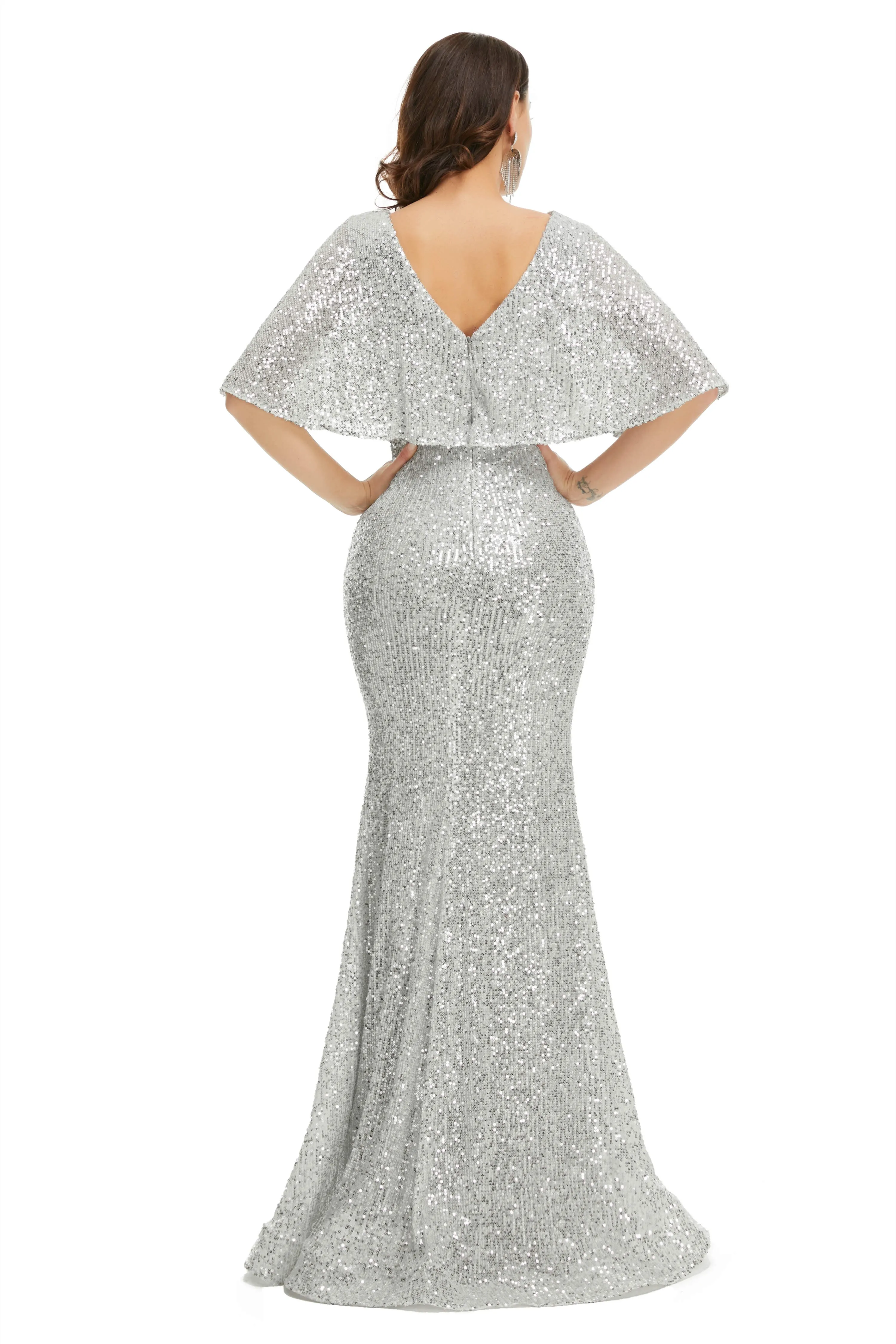 Sequins Mermaid Cape Sleeves V Neck Prom Dresses
