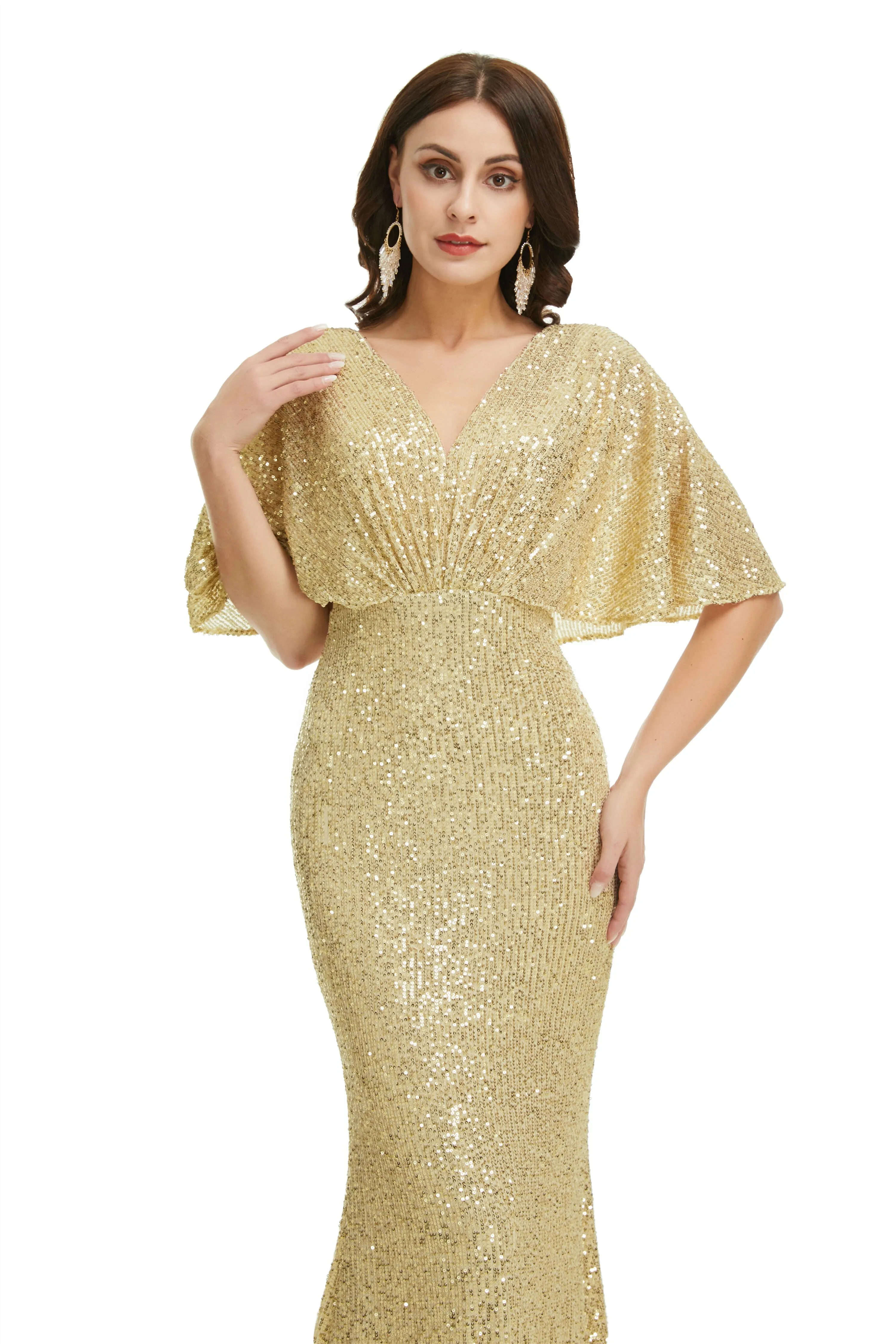 Sequins Mermaid Cape Sleeves V Neck Prom Dresses
