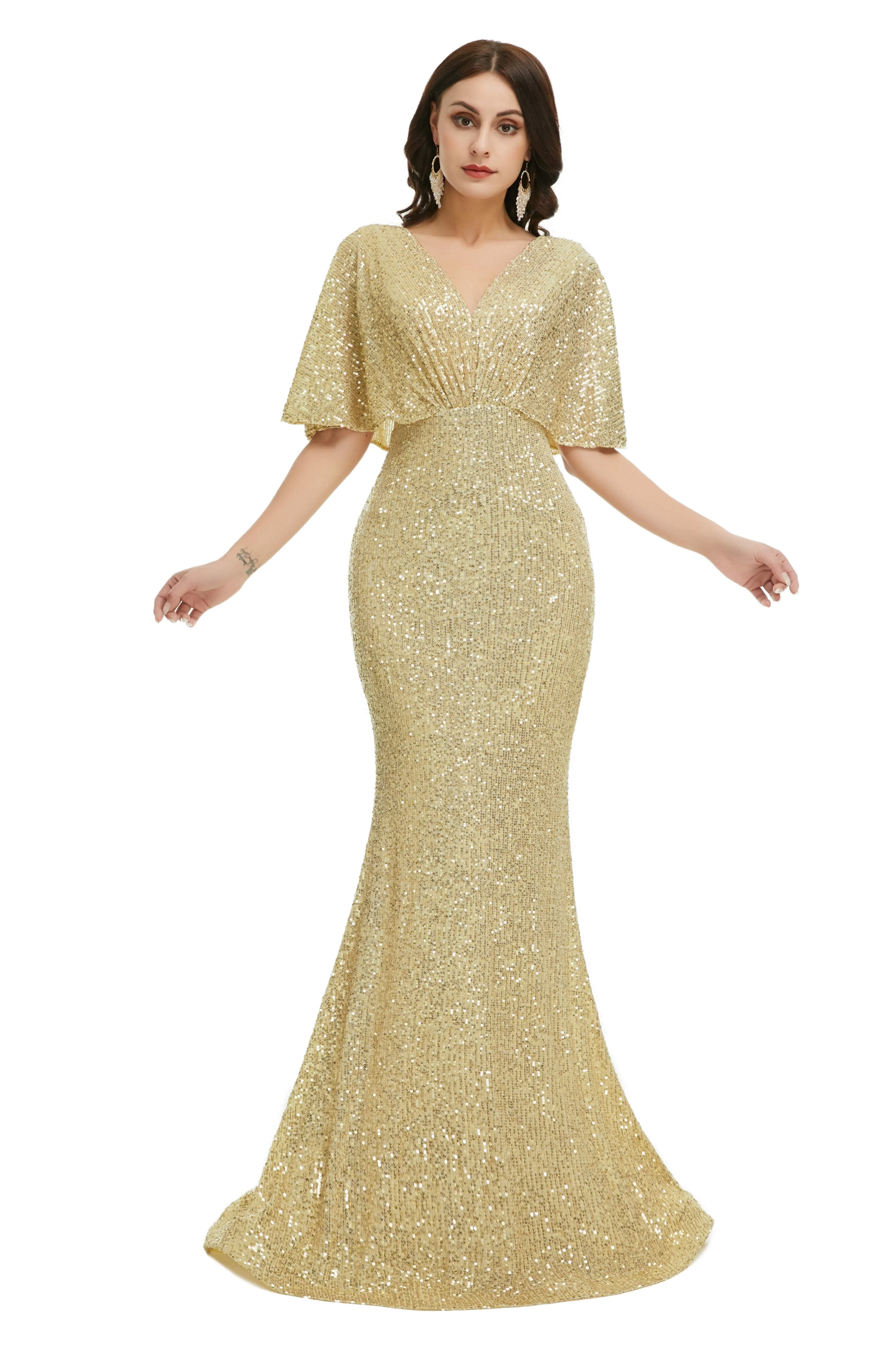 Sequins Mermaid Cape Sleeves V Neck Prom Dresses