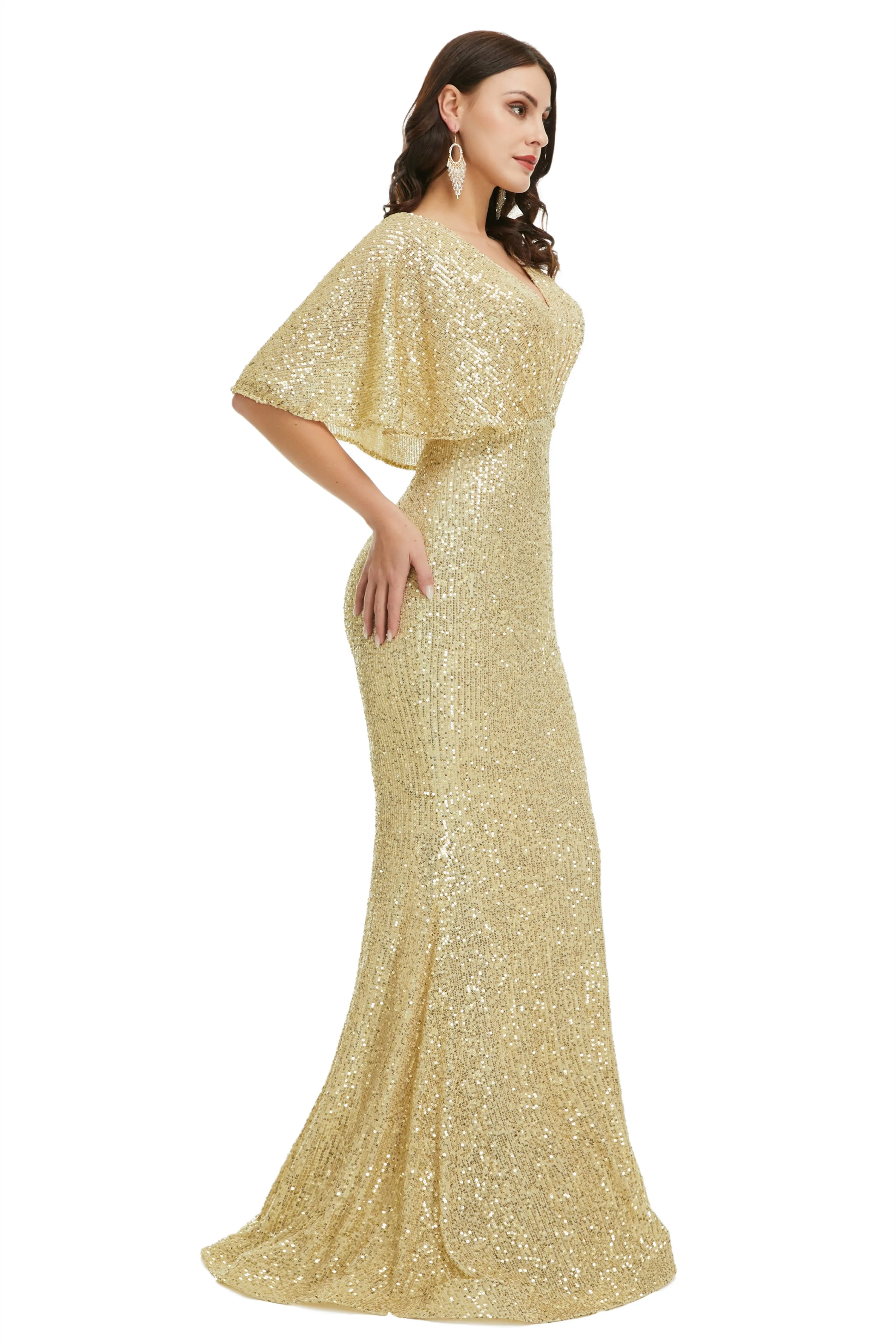 Sequins Mermaid Cape Sleeves V Neck Prom Dresses