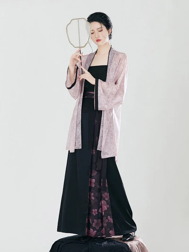 Song Morden Chinese Style Peach Blossom Floral Print Skirt Set