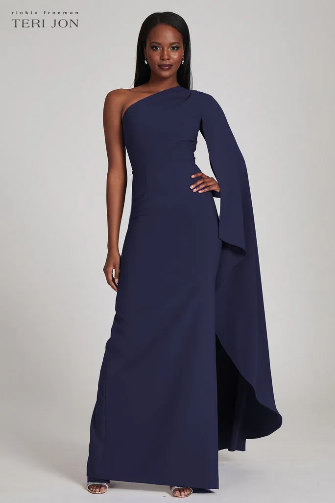 Stretch Crepe Cape One Shoulder Sleeve Gown