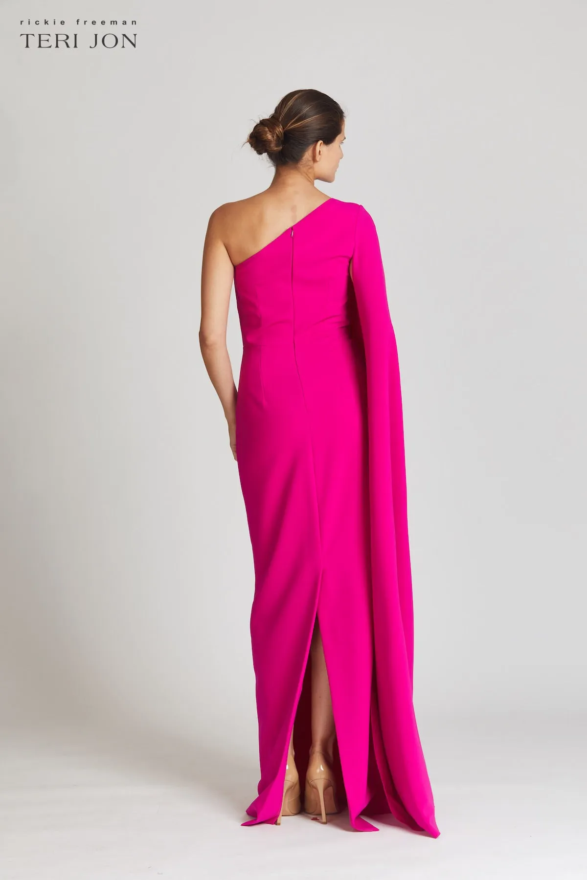 Stretch Crepe Cape One Shoulder Sleeve Gown