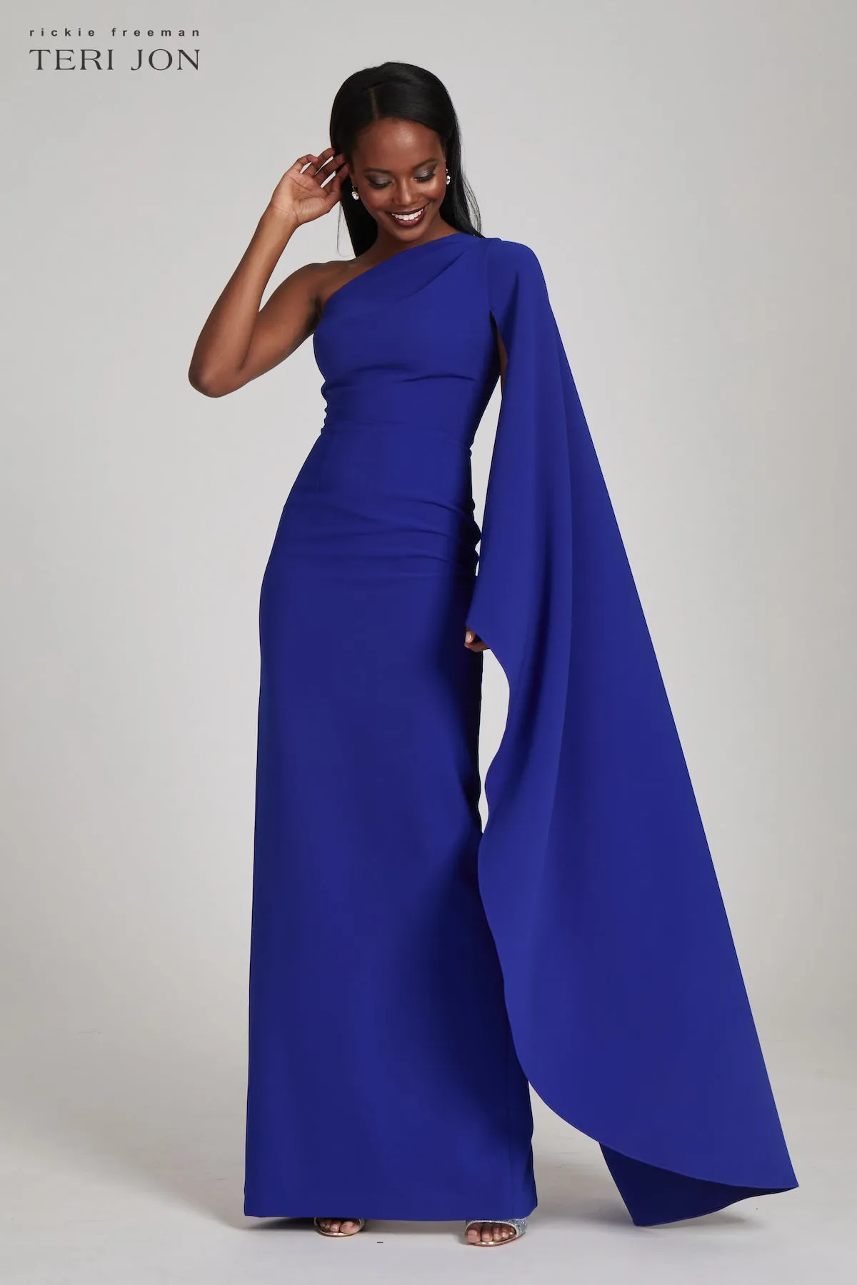 Stretch Crepe Cape One Shoulder Sleeve Gown