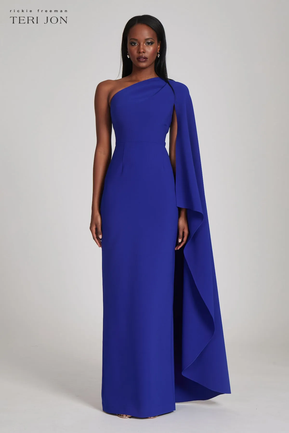 Stretch Crepe Cape One Shoulder Sleeve Gown